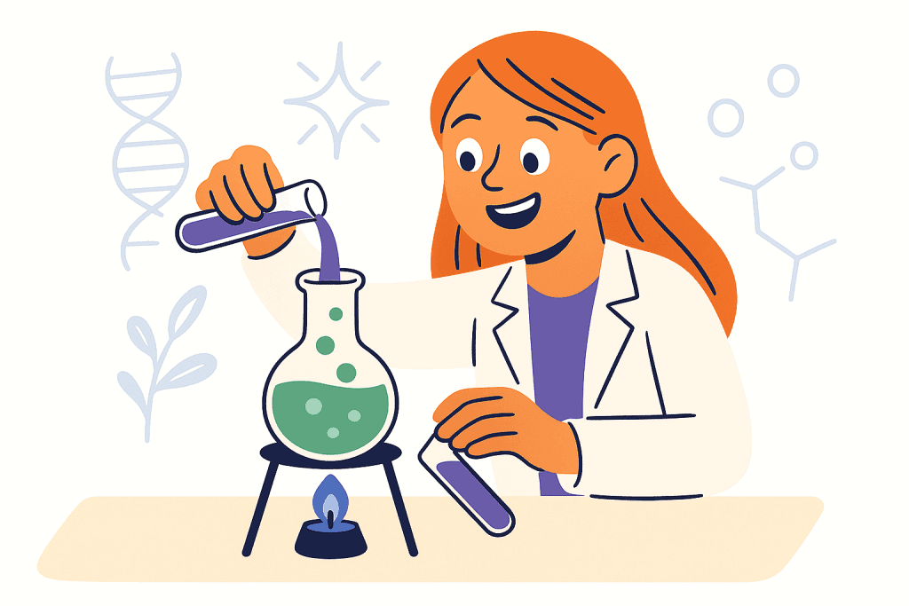 character doing science experiment