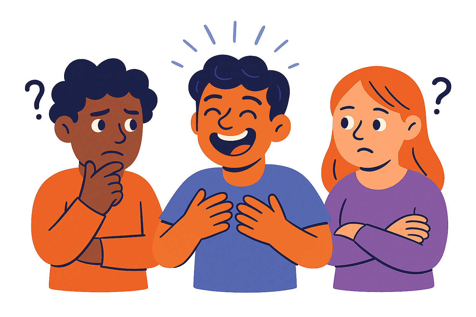 one character laughing two characters confused